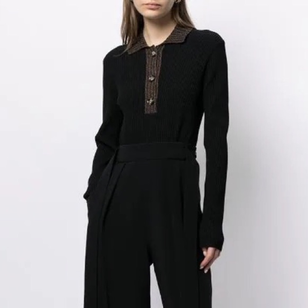 Proenza Schouler Black Ribbed Knit Polo Sweater Top Button Up Size L
